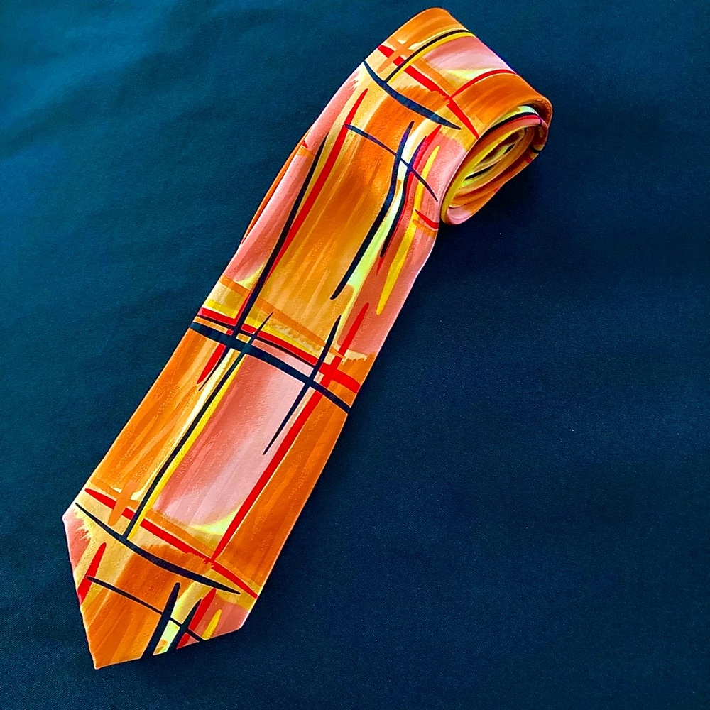 J Garcia 100% Silk Tie orange, red, pink, yellow, black.